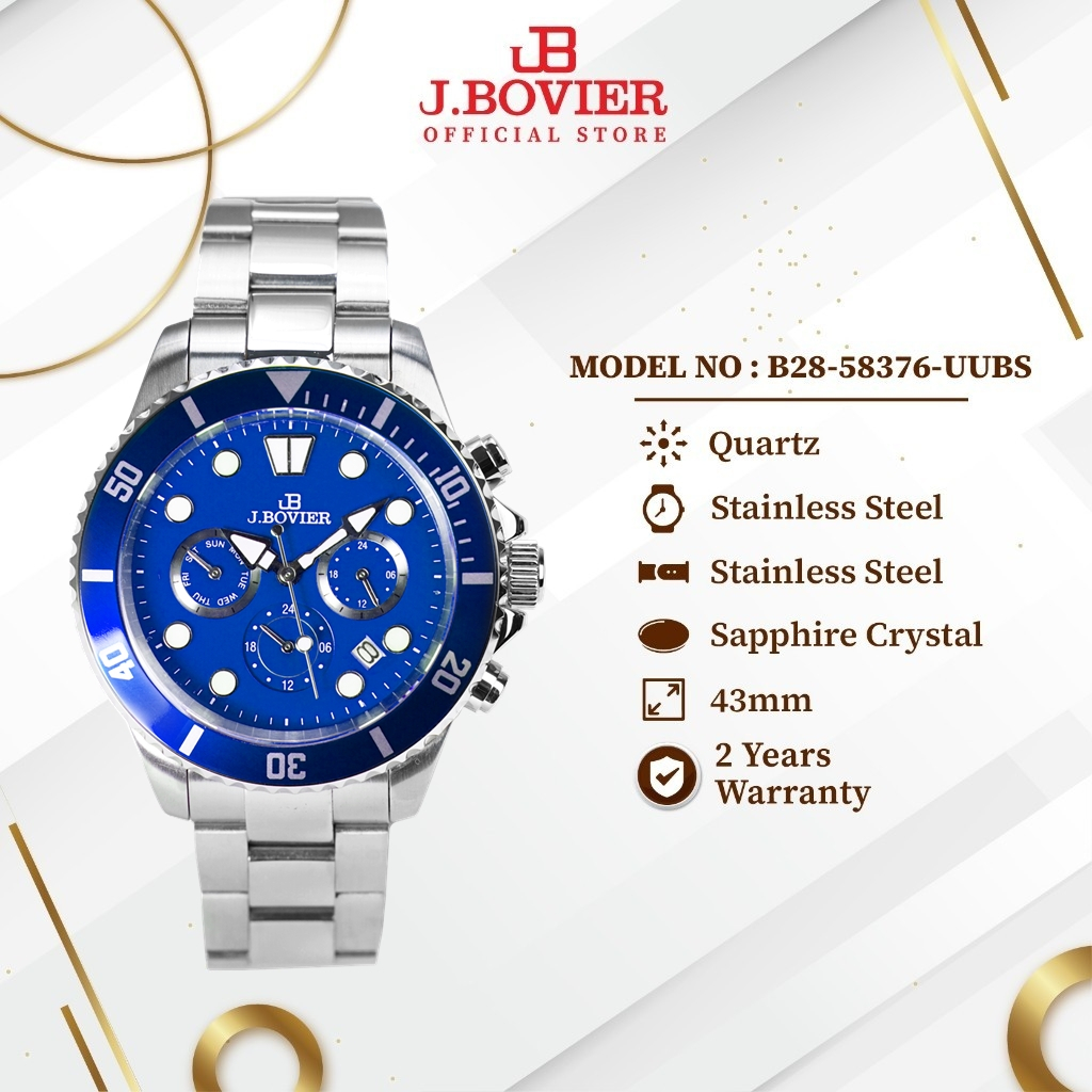 [2 Years Warranty] J.Bovier Chronograpgh Stainless Steel Quartz Men Watch Jam Tangan Lelaki B28-58376-UUBS