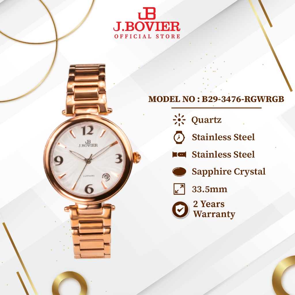 [2 Years Warranty] J.Bovier Sapphire Crystal Glass Women Watch Jam Tangan Wanita B29-3476-RGWRGB