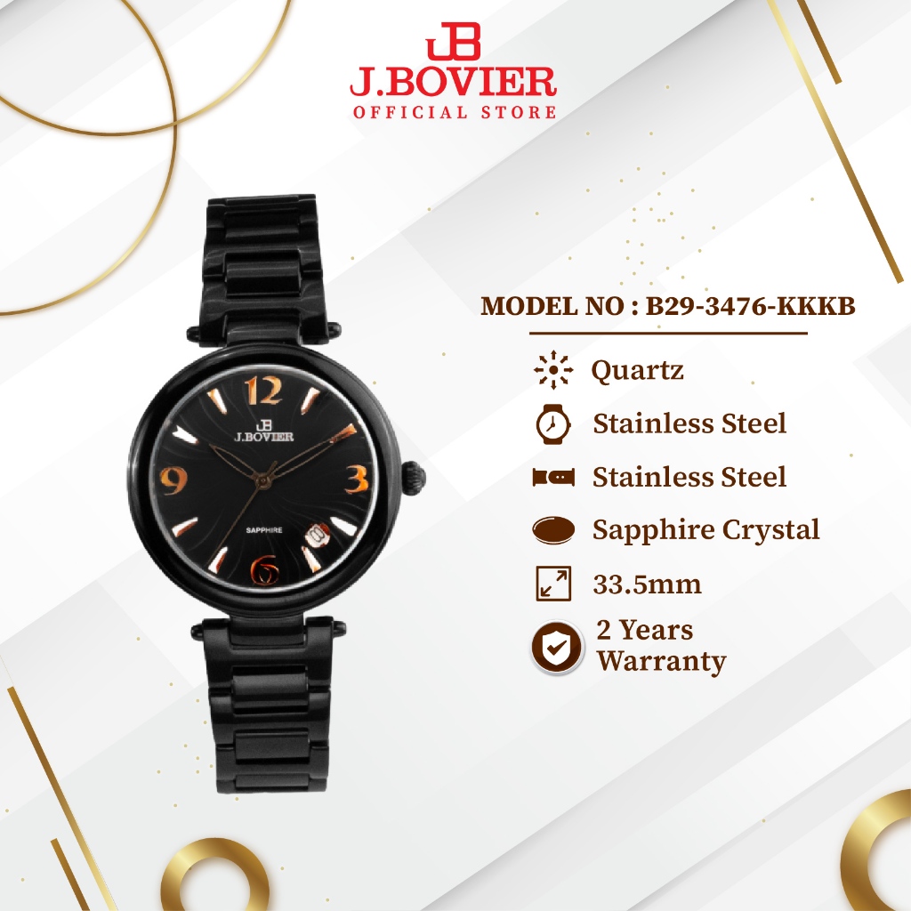 [2 Years Warranty] J.Bovier Sapphire Crystal Glass Women Watch Jam Tangan Wanita B29-3476-KKKB