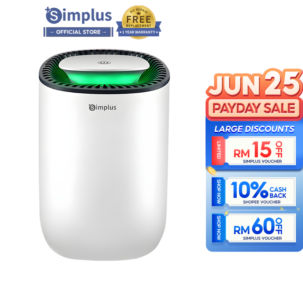 Simplus Air Dehumidifier 600ml Water Tank 300ml / day Dehumidification Air Purification Auto-shutoff 35 dB Low Noise