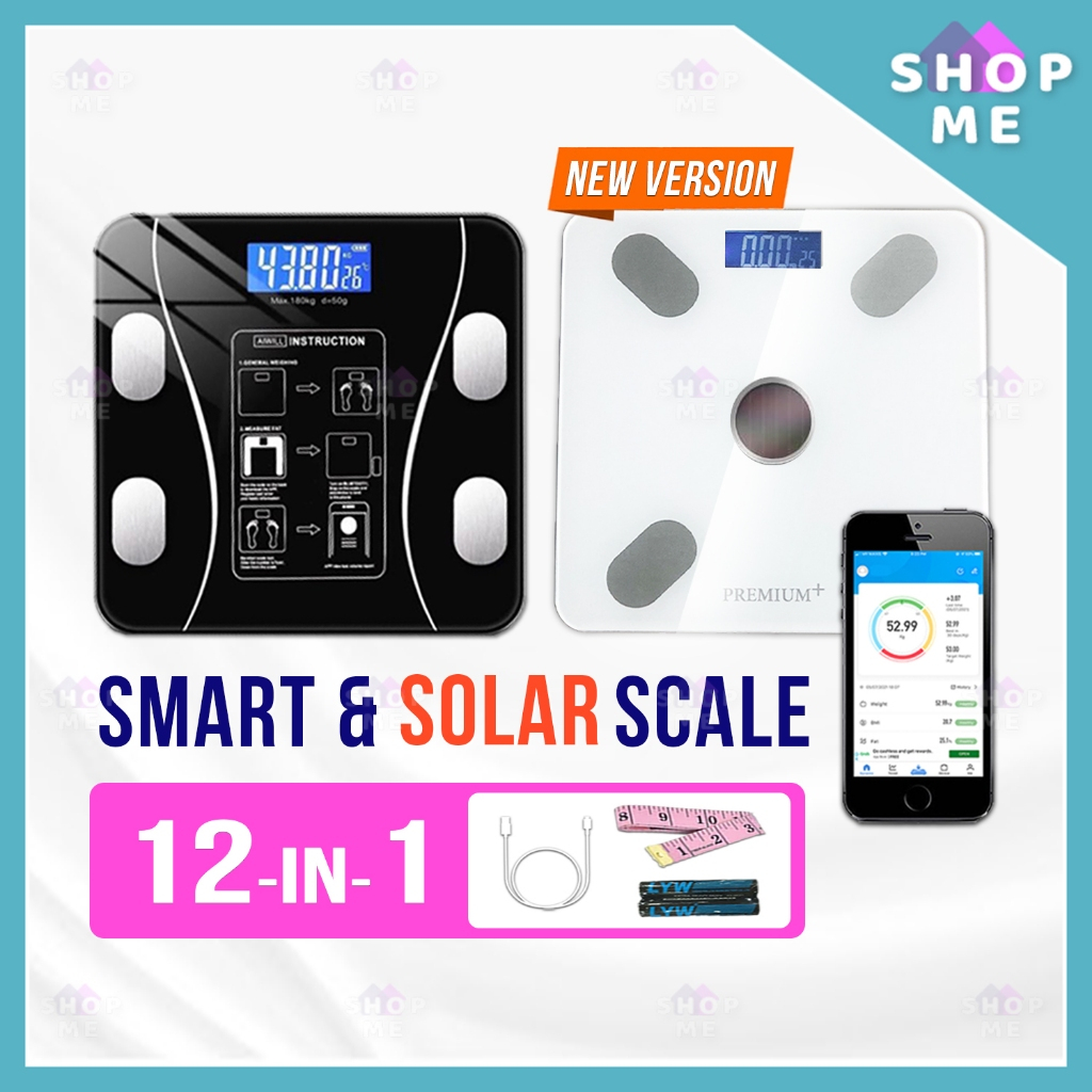 PREMIUM+ [ 12in1 ] Smart Phone Connect Digital Body Fat Weighing Scale Solar Powered Penimbang Berat Badan 體重秤