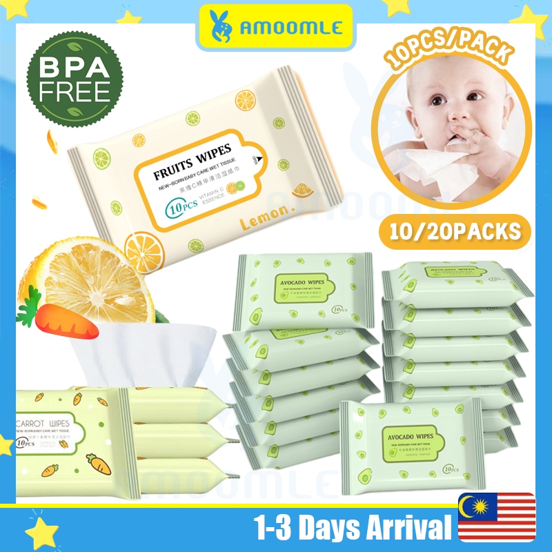 10/20Packs Baby Wipes Tissue Cute Mini Non Alcohol Wet Tissue Travel Cleansing Towelettes Tisu Basah Baby 婴儿湿纸巾