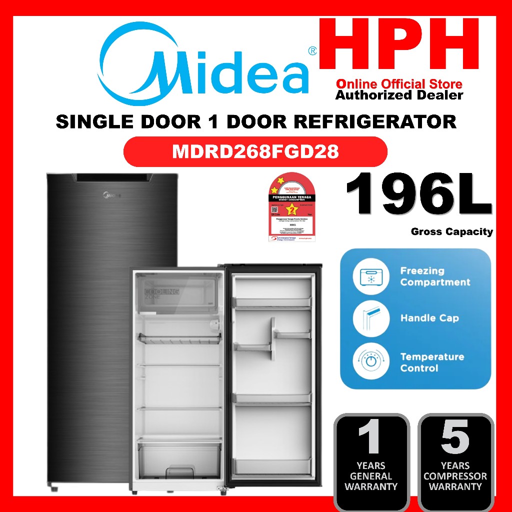 Midea Single 1-Door Fridge Refrigerator (95L - 196L) MDRD229FGD42-MY MDRD268FGD28-MY MDRD142FGD