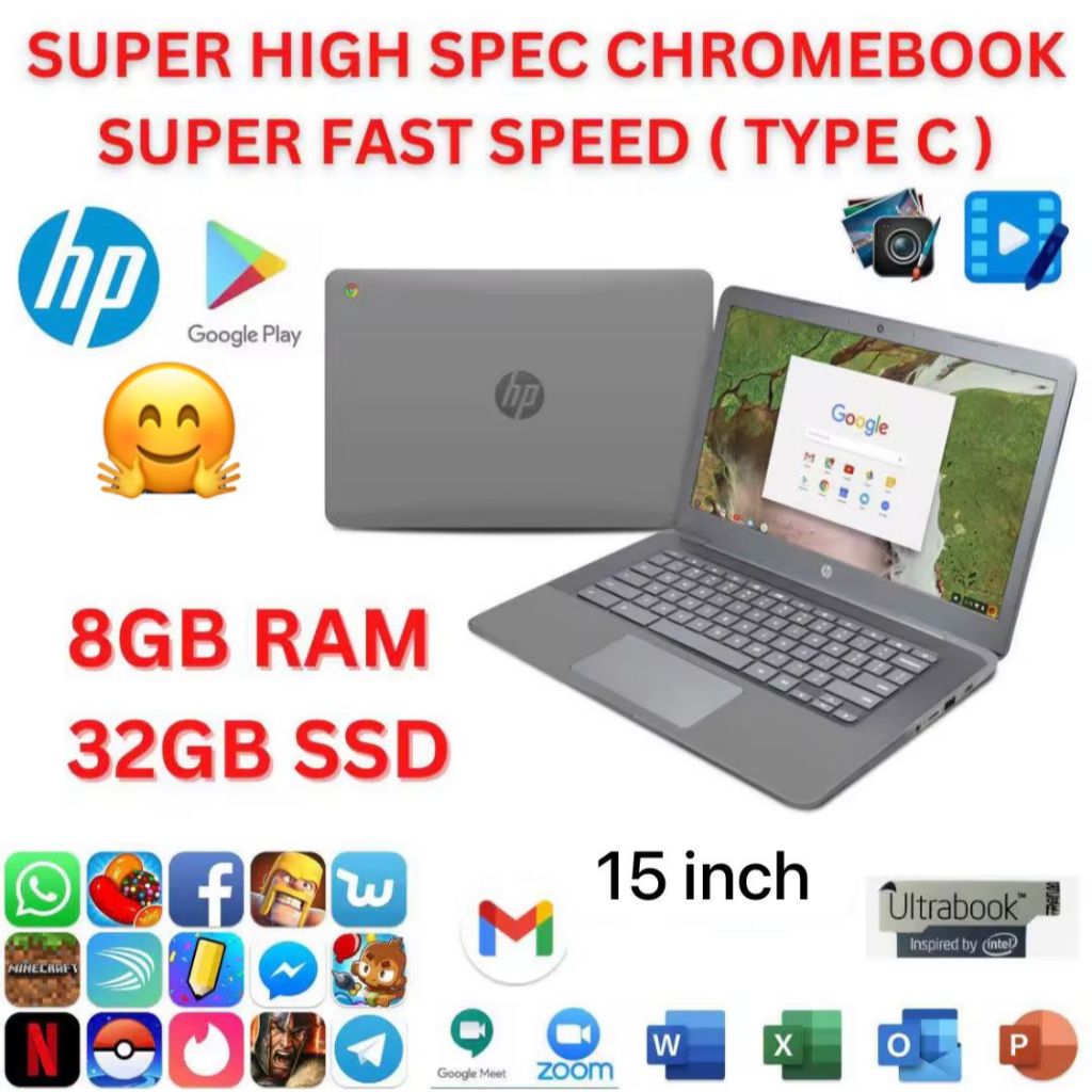 15 inch hp chroomebook with play store 8GB RAM 32GB SSD