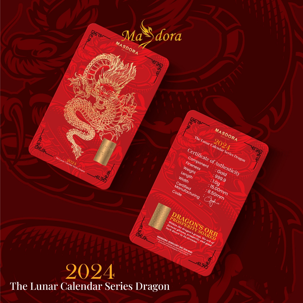 MASDORA 999.9 Gold Bar 1.00GM Calendar Year Collection~ Golden Dragon Lunar (EMAS&hellip;