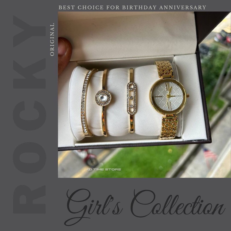 Rocky Girl’s Collection Watch & Jewelry Set Elegant Analogue Watch, Stylish Bracelets & Rings Perfect for Gifts!