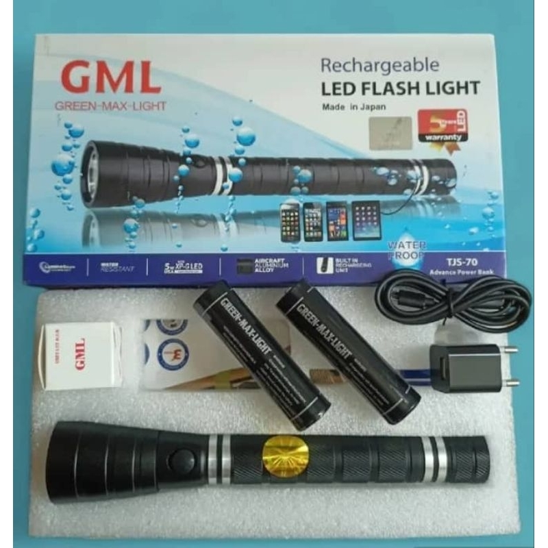 JAPAN GML TJS Flashlight WATERPROOF RECHARGEABLE LED HEAVY DUTY TORCHLIGHT with PowerBank Function