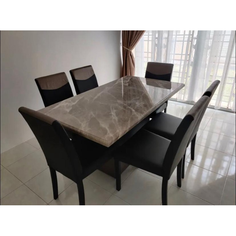 SAMPOINT _ 6 Seater Marble Dining Set Meja Makan Marble Dining Table Ready Stock + Free Shipping + Siap Pasang Modern