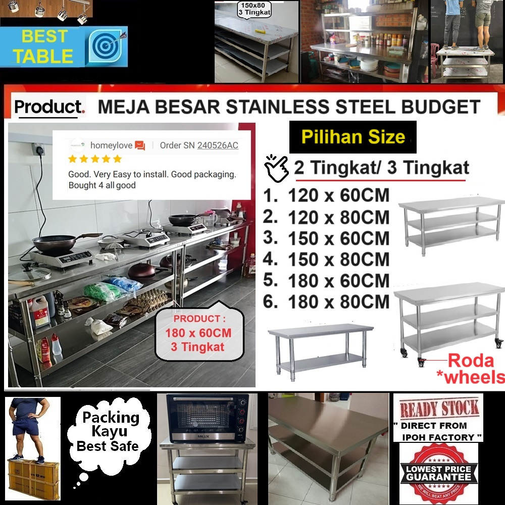 MEJA BUDGET 100/120/150/180CM STAINLESS STEEL WORK TABLE TAHAN BERAT/经济不锈钢工作枱 WORKBENCH/MEJA MASAK DAPUR/MEJA KITCHEN