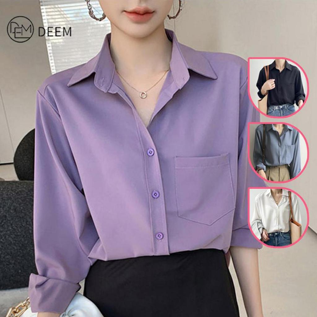 DEEM Lengan Panjang Kemeja Perempuan Women's Long Sleeved Polo Shirt