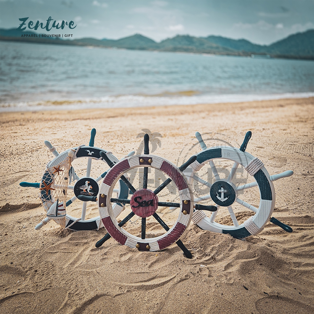 [HANGING DECOR] Zenture 46cm Wooden Boat Ship Steering Wheel Mediterranean Style Wall Decoration Home Ocean Decor