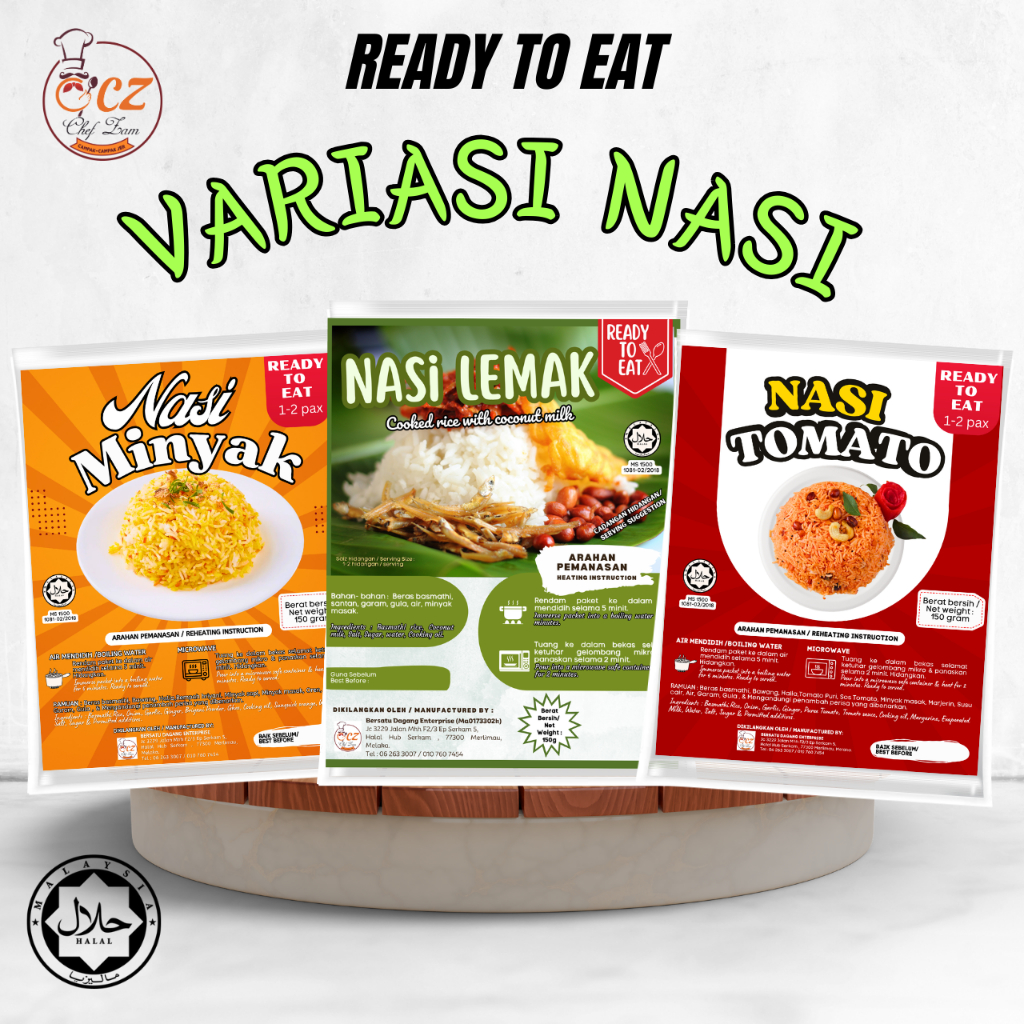 CHEF ZAM variasi NASI READY TO EAT 150gram instant Rice nasi lemak, tomato, minyak Halal travel food