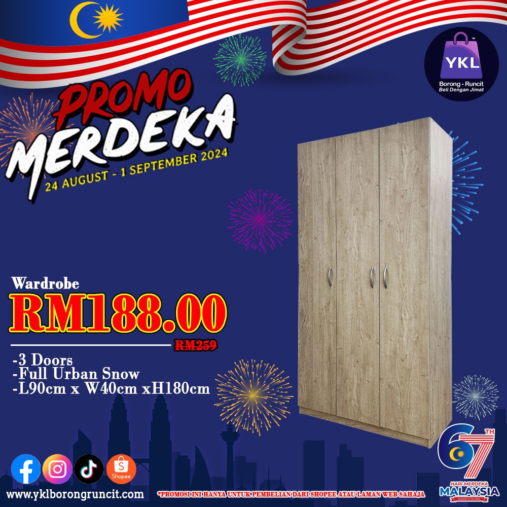 MERDEKA PROMOSI YKL Sabah 3 Door Wardrobe | Urban Snow |Almari 3 pintu |Almari bercompartment| Almari