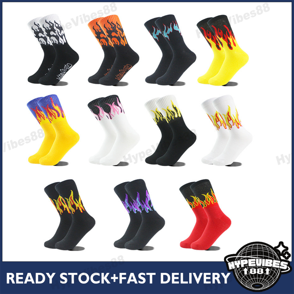 HypeVibes Unisex Flame Black White Yellow Fire Harajuku Socks Skateboard Socks Fashion Hipster Socks Cotton Socks
