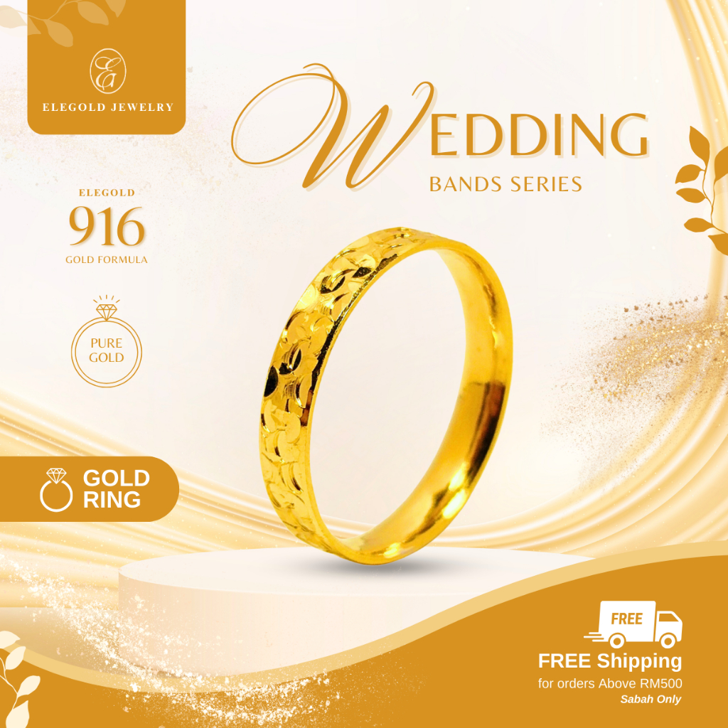 Trendy Fashion Sparkling Ice Finish 916 Gold RIng (Comfort) 碎碎冰金戒指 Cincin 100% Authentic Elegold | Wedding Cincin Kahwin