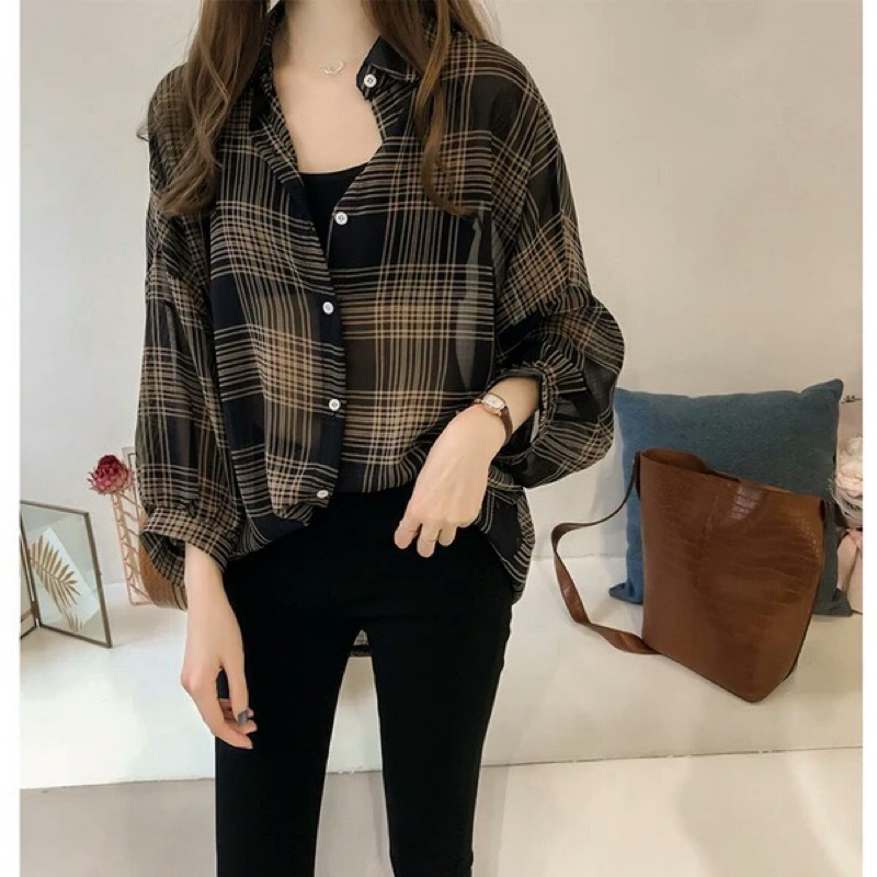 【Felynn.My】Korean Style Lapel Plaid Shirt for Women Casual Loose Long Sleeve Blouse Plus Size Top
