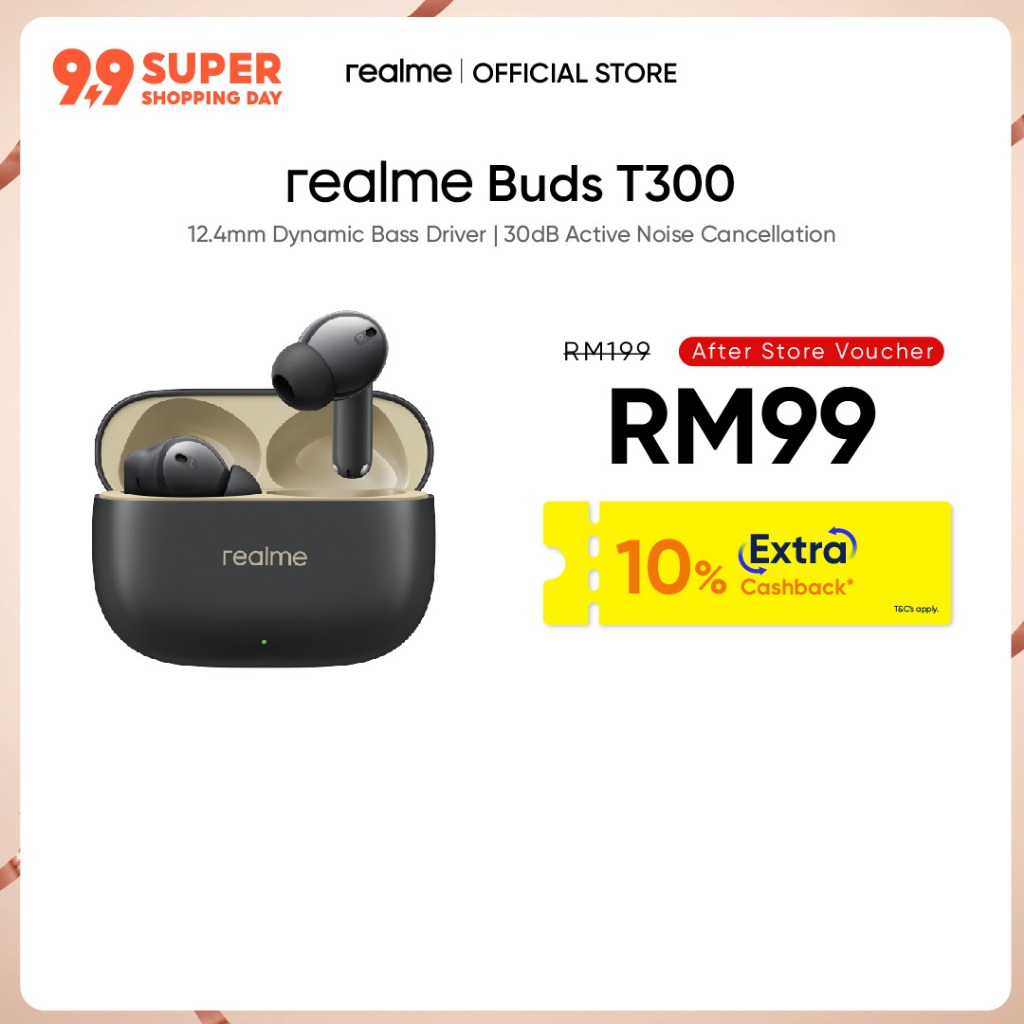 realme Buds T300 | 12.4mm Dynamic Bass Driver | 30dB Active Noise Cancellation