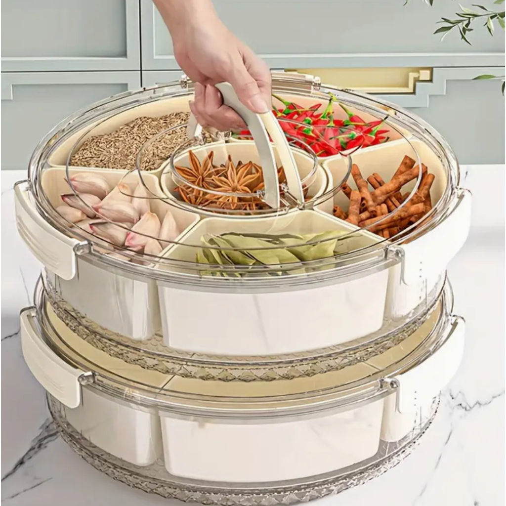 MultiBox Round Rotating 6 Large Round Compartments Snack Tray Plate with Lid and Handle