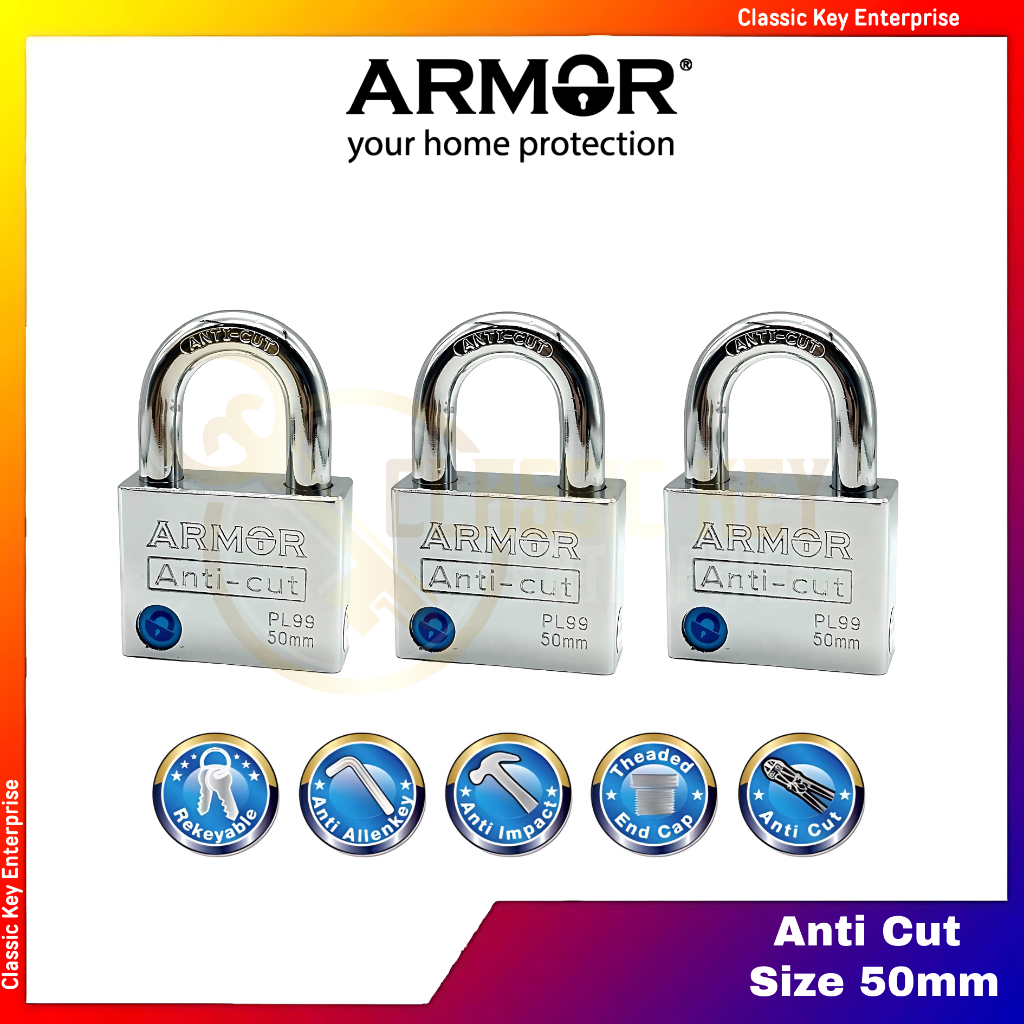 ARMOR Padlock Hardened Steel Body Anti Cut APL-99 (Size 50mm x 3pcs)