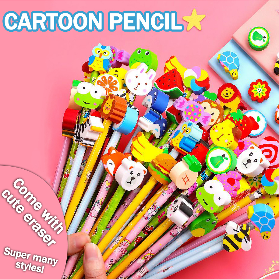 100pcs Cute Pencil With Eraser Rubber Head Study Cartoon Children