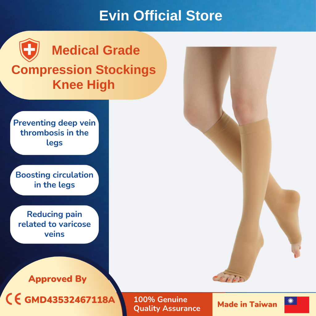 EVIN 1 PAIR Graduated Pressure Compression Stockings Socks Open Toe Knee High 15-20mmHg [Free Dressing Aid]