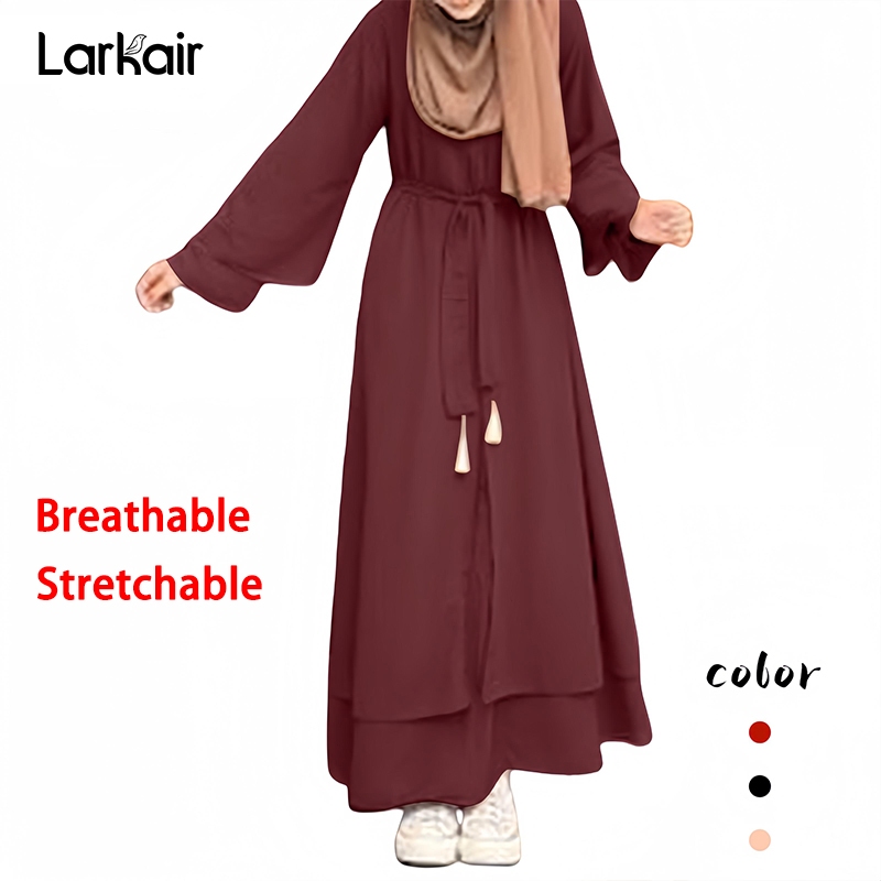 [Abaya girls] New Style Muslim Fashion Women Vintage Solid Double Layer Casual Long Sleeve Maxi Sundress