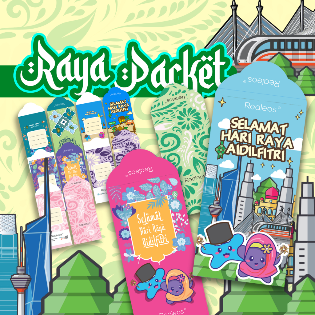 [5pcs Pack] Realeos Hari Raya Money Packet Sampul Duit Murah Cute Green Red Chinese New Year Angpau 儿童卡通新年红包封
