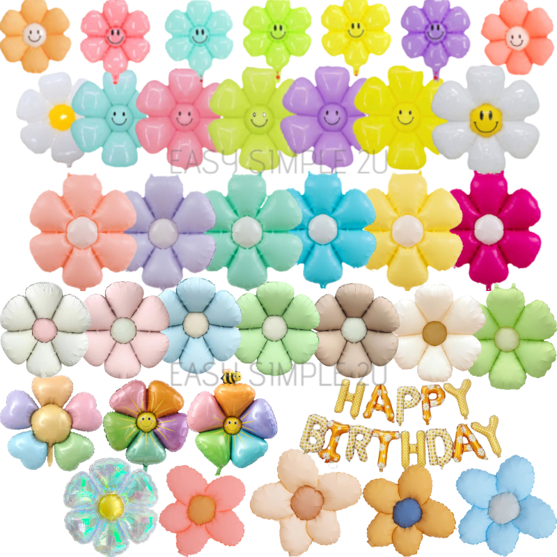 (1 Piece) Macaron Pastel White Color Smile Face Six 6 Petal Daisy Bellis Flower Foil Balloon Birthday Party Wall Decor