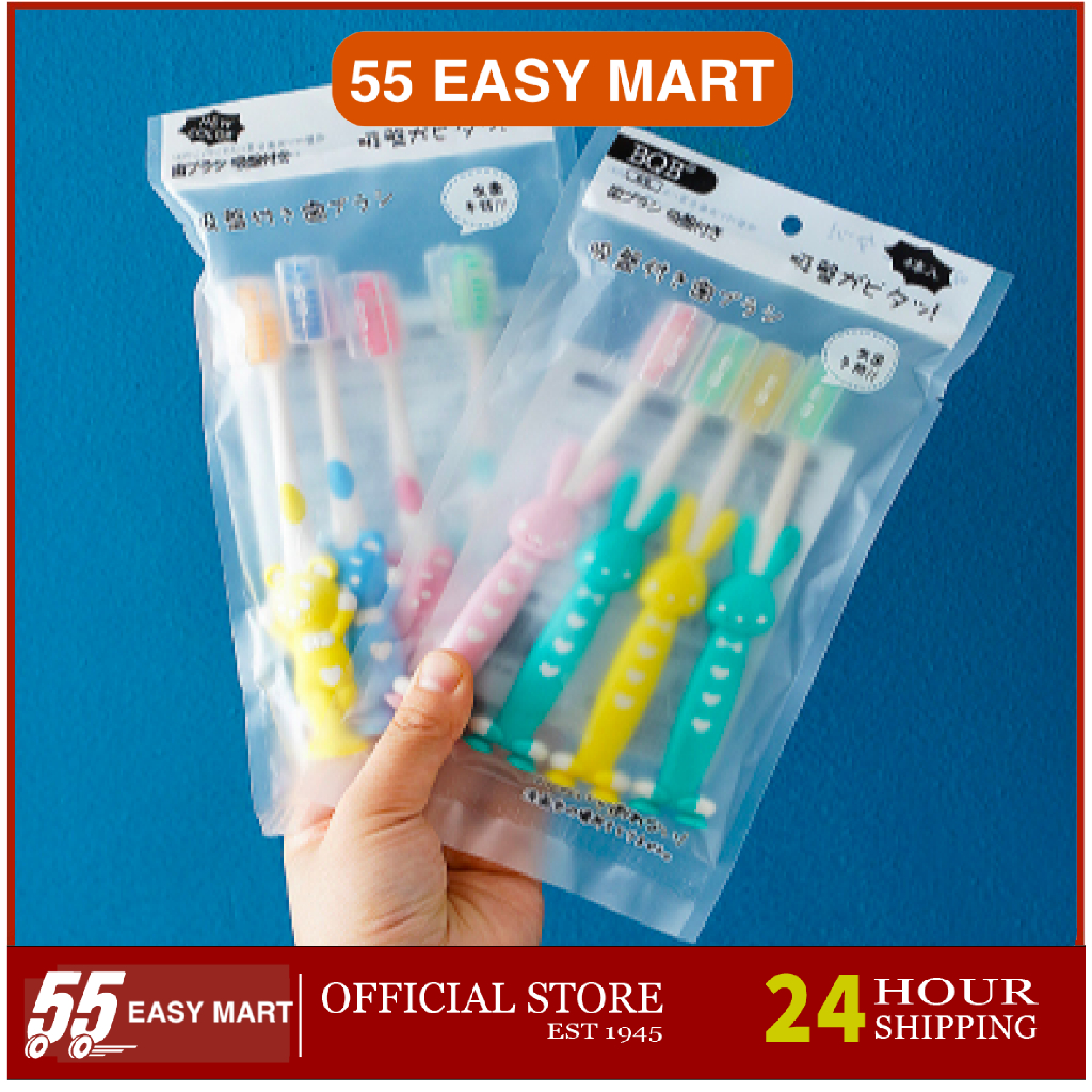 4PCS/SET READY STOCK 55 EASY MART (Borong) Cartoon Children Toothbrush, Bamboo Charcoal Soft EM0064