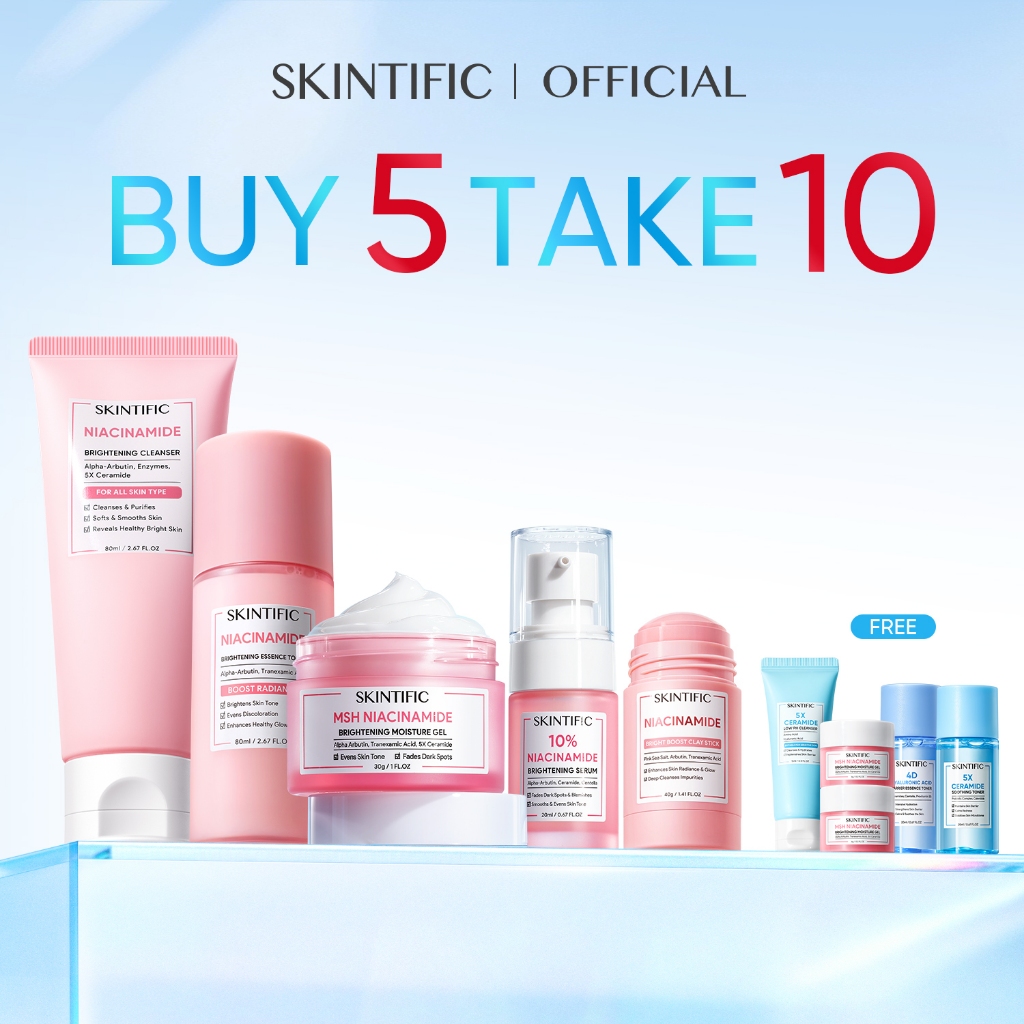 【BUY 5 TAKE 10】SKINTIFIC Skincare 5pcs Set With Sunscreen + Cleanser + Toner + Serum + Cream Brightening Moisturizing