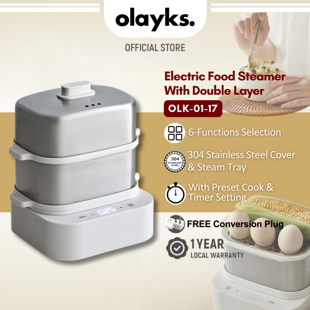 Olayks Electric Food Steamer 2 Tiers Stainless Steel Steam Tray Mini Egg Steamer Double Layer Pau Dimsum Steamer 电蒸笼蒸锅包子