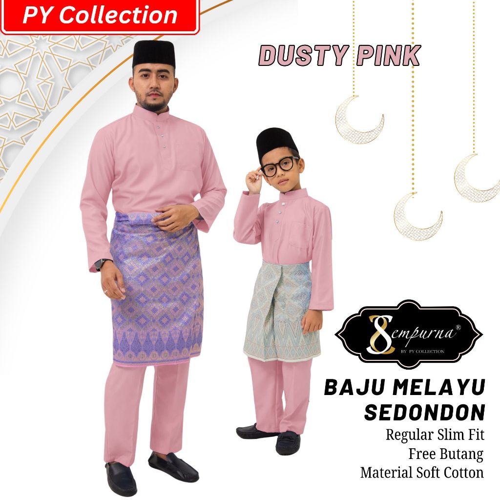 BAJU MELAYU SEMPURNA RAYA 2025 / Baju Melayu Slim Fit Budak & Dewasa WARNA DUSTY PINK SEPASANG Kain Cotton C016BM / BMC2