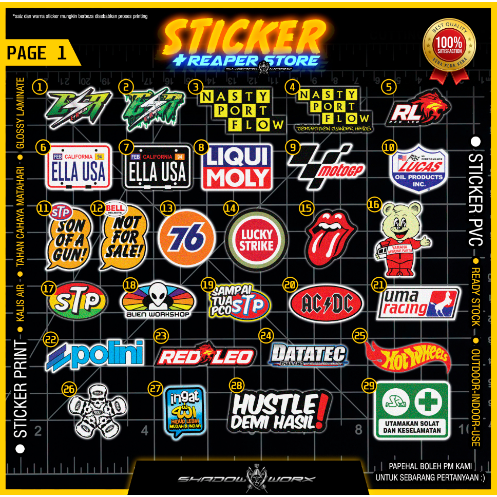 STICKER ESR LELEH, NASTY, ELLA USA, LIQUI MOLY, RED LEO, UMA RACING, STP, 76, LUCKY STRIKE, BOSS, PANTUL CAHAYA