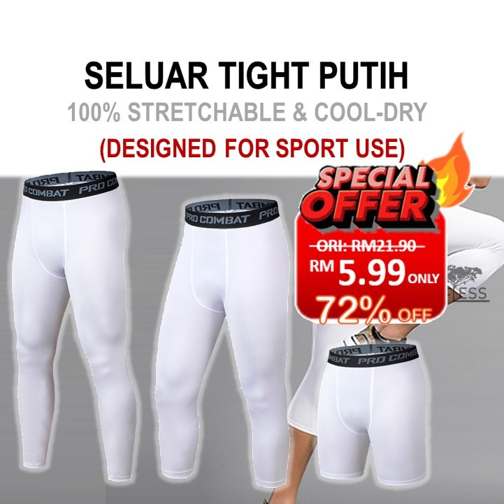 ROOFLESS Seluar Tight Lelaki Putih 3 Suku Running Tights Men Legging Seluar Fit Lelaki Bola Sepak Tight Pant Man White