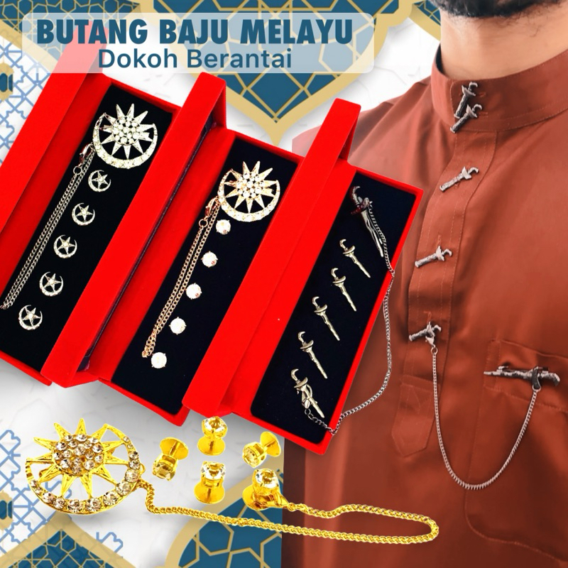 Elegant Brooch Exclusive Raya 2025 Butang Baju Melayu Berantai Set Bulan Bintang FREE Kotak Baldu Panjang BTR