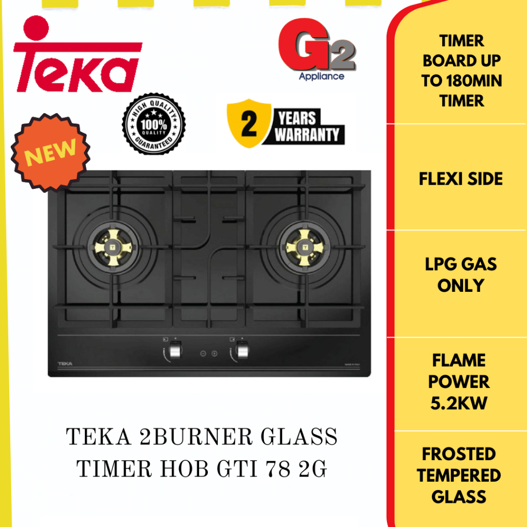TEKA 2BURNER BUILT IN GLASS HOB WITH TIMER GTI 78 2G(cut out:780mm x 450mm x 80mm) - TEKA 2 YEARS WARRANTY MALAYSIA