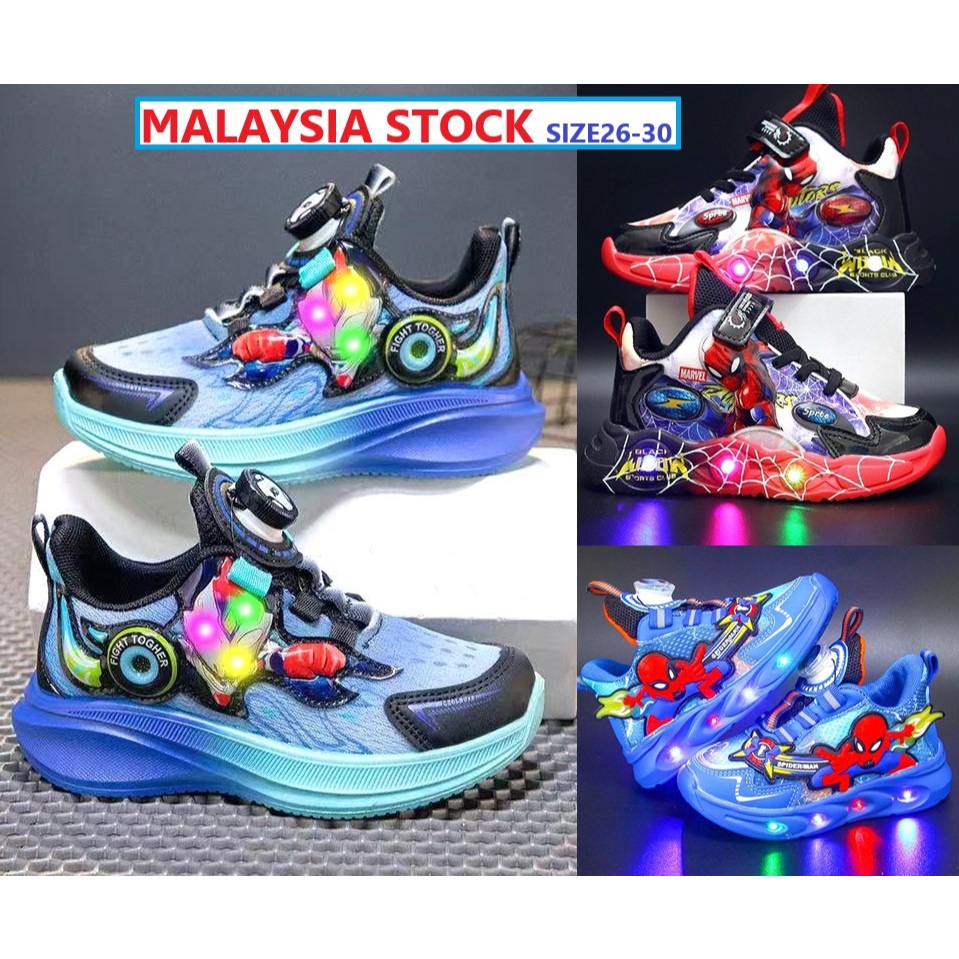 age 2-9 Spiderman Ultraman LED Light Kasut Boy Sneakers Budak Sport Shoe Kanak Lelaki LED Shoe
