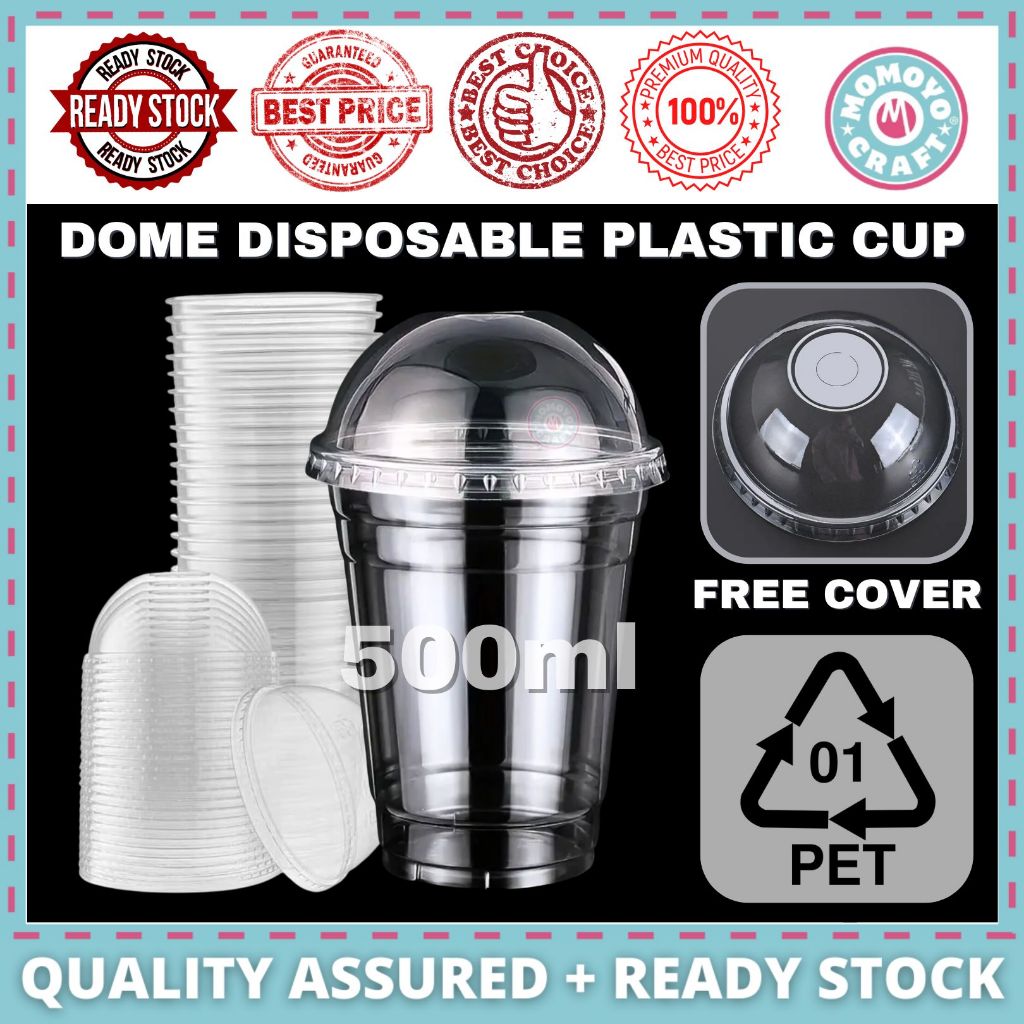 Momoyocraft Premium Plastic Cup Coffee Dome Lid Disposable Cup Straw Juice Drinking Cup Plastik Kenduri 500ml 16oz 塑料杯