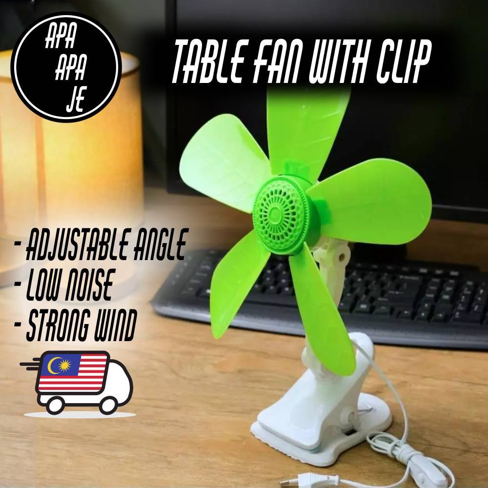 Portable 4in1 5 Soft Blades Adjustable Mini Fan 15W Table Clip Fan Wall Fan Strong Wind 2 Pin Plug Kipas Meja Dinding