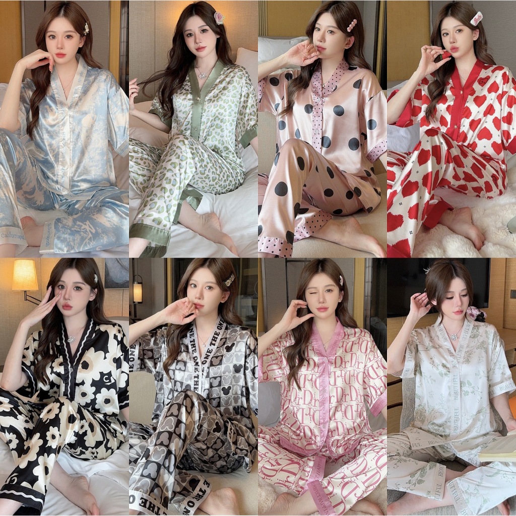 mysteryoffemale Baju Tidur Wanita Satin Lengan Pendek Satin Pyjamas Women Sleepwear Baju Tido Perempuan Pajamas PS059