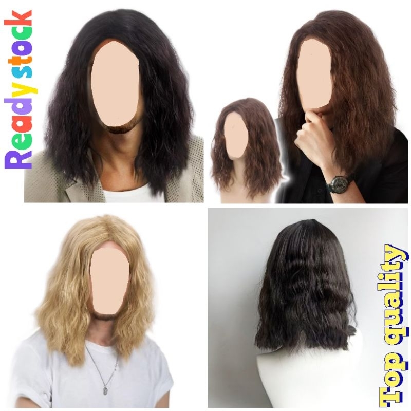 rambut panjang palsu lelaki perempuan sekali free hair net Wig men long curly hair handsome synthetic fiber full head