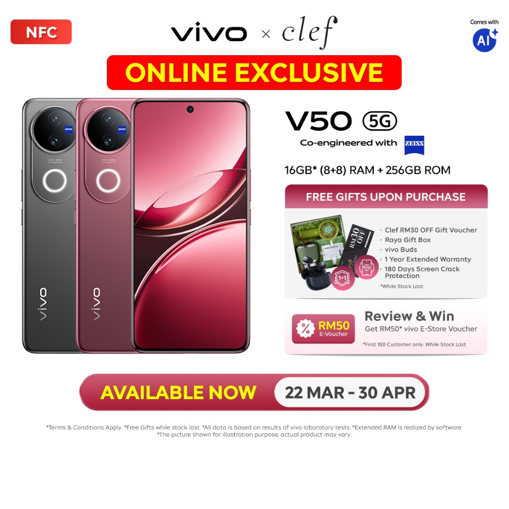 [Online Promo] vivo V50 5G 16*GB+256GB ZEISS Multifocal Portrait, IP69, 6000mAh+90W, 4K video, Live Photo & Film Cam