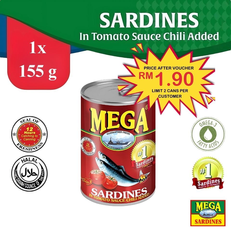 Mega Sardines Ikan Sardin Tin in Tomato Sauce Chili Added 155G Cili Tomato Sardin Murah Borong