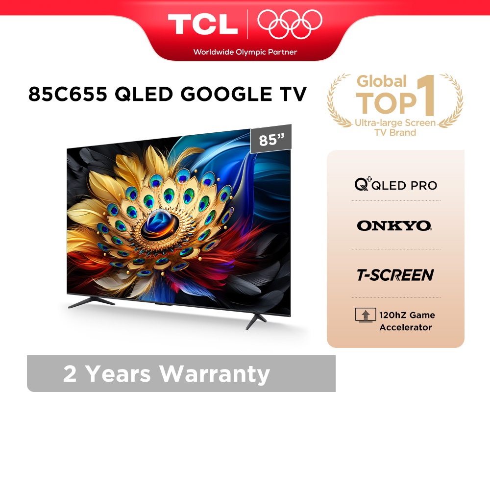 TCL 85 Inch QLED Google TV with ONKYO, 120hz Game Accelerator, T-Screen, Dolby Atmos Televisyen 85C655