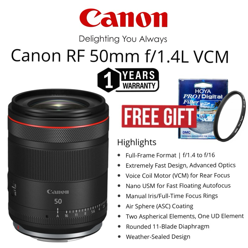 CANON RF 50MM F/1.4L VCM LENS NANO USM AIR SPHERE FAST SHOOTING AUTOFOCUS VOICE COIL MOTOR WEATHER SEALED CANON 50MM 50