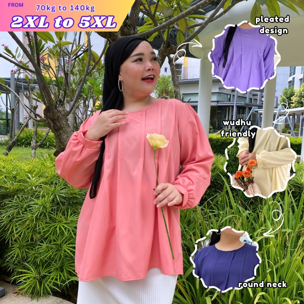 Plus Size (2XL-5XL) Pleated Jannah Loose Doll Blouse Baju Muslimah Top (4961)