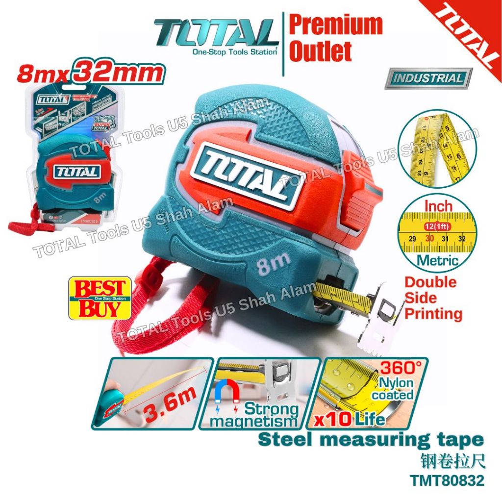 TOTAL Tools 5M/8M 32mm Wide Tape Measure Metric/Imperial System, Double Side Printing 钢卷拉尺- TMT80832