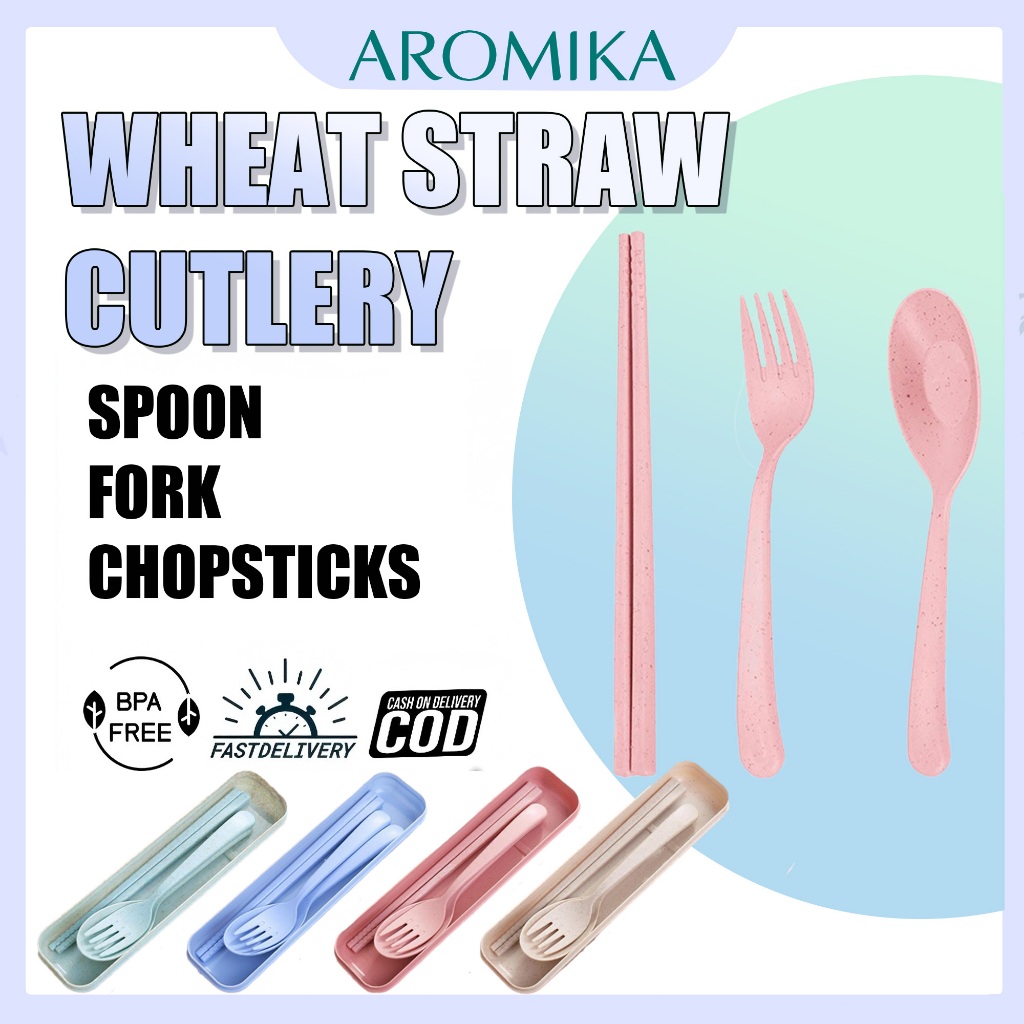 AROMIKA Cutlery Set Wheat Straw 【Spoon, Folk, Chopstick 】Portable Kenturi Cutlery Set Sudu Wedding Gift Door Gift