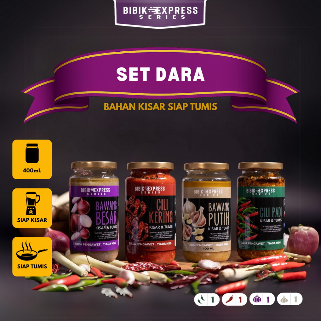 BIBIK EXPRESS SET DARA bahan kisar siap tumis Bawang Besar Bawang Putih Cili Padi Cili Kering 400mll