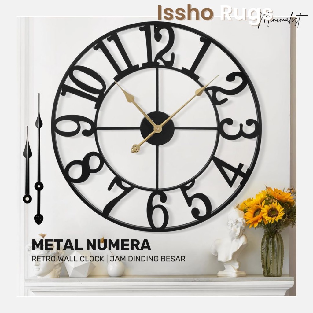 ISSHO Jam Dinding Besi Besar 50/60cm Silent Quartz Roman Metal Wall Clock Hiasan Rumah Aesthetic Vintage Ruang Tamu 挂钟